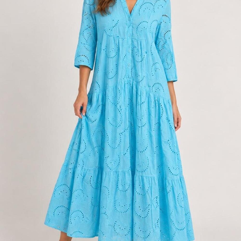 Turquoise Blue Eyelet Embroidered Tiered Maxi Dress Boho